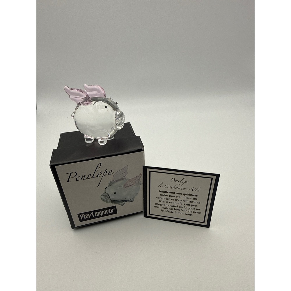 Pier 1 Imports Penelope Winged Pig Glass Figurine Pink Clear Art Glass with Box - Picture 2 of 2
